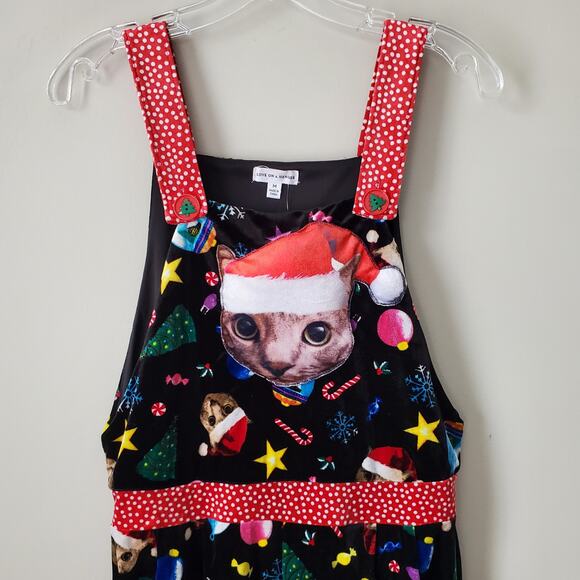 Women Christmas Cat Holiday Jumper Overall M Kitty Santa Lounge Velour NEW - Picture 3 of 10